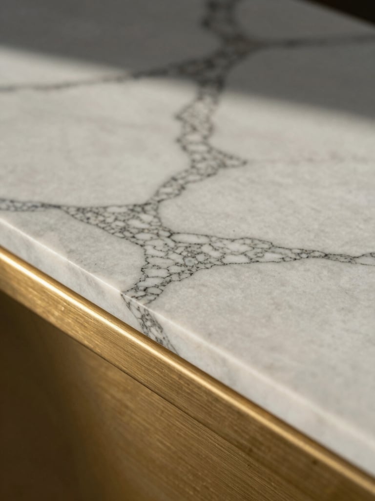 Extreme close-up of raw veined Calacatta marble resting against brushed brass, soft morning side-light creating long gentle shadows, architectural crop.