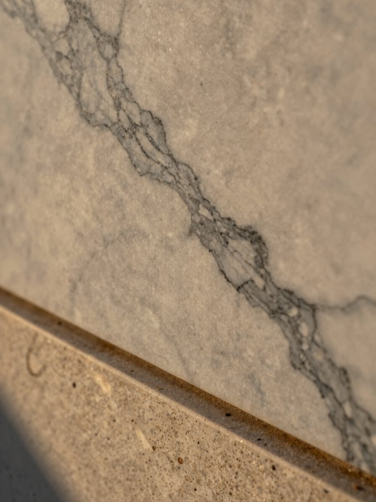 Extreme macro detail shot of heavily veined Calacatta marble meeting open-pore travertine under soft directional golden hour daylight, creating deep soft shadows.