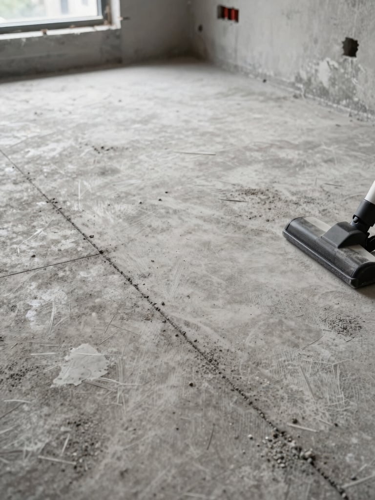 Close-up overhead angle of a freshly cleaned concrete floor in a newly built apartment, dust removed, grout lines sharp, professional vacuum equipment visible at the frame edge, daylight from an unfinished window opening