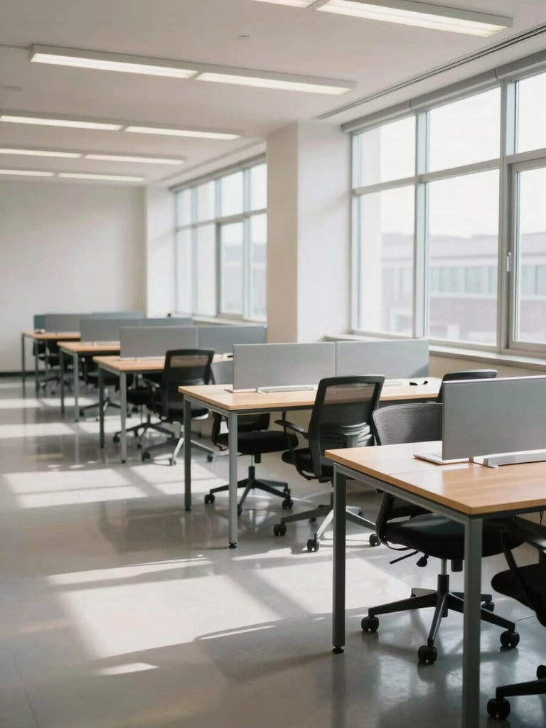 Wide environmental shot of a clean empty open-plan office space after cleaning, rows of desks with no clutter, natural daylight from large windows on the right, polished floor reflecting the light, no people