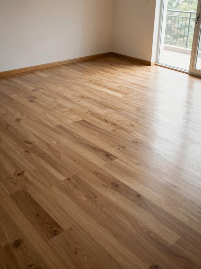 Wide shot of a freshly cleaned empty living room, daylight entering through open window on the right, polished floor reflecting soft light, no people, surfaces visibly clean — overhead angle capturing the whole floor expanse