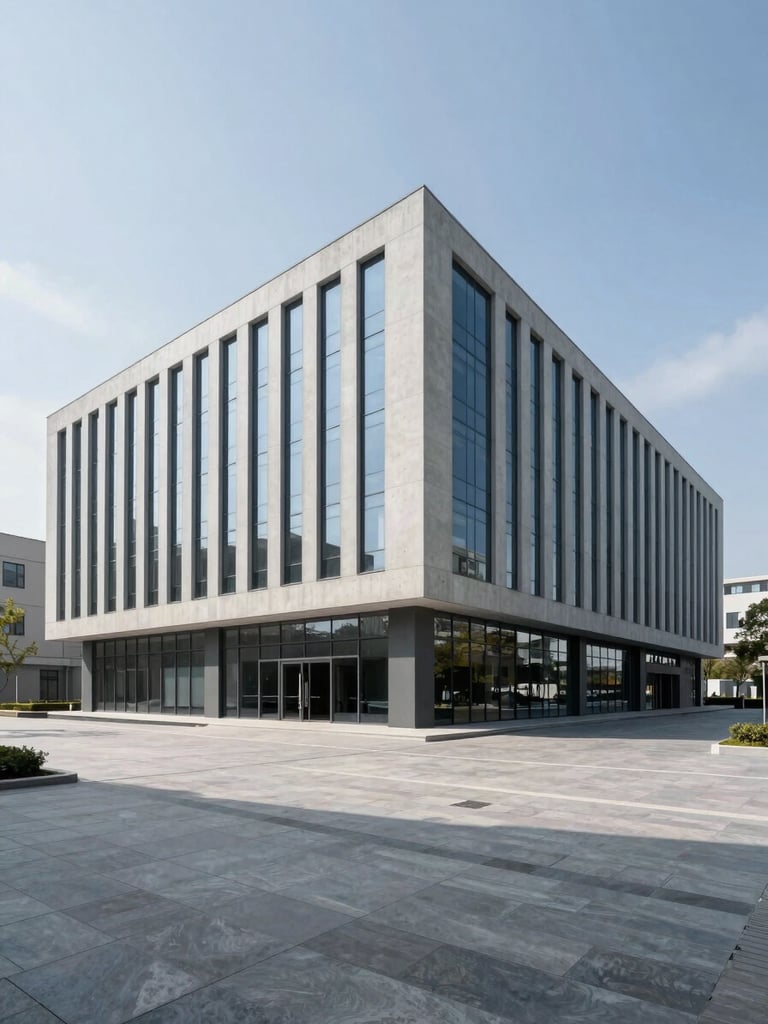 Wide shot from ground level of a completed commercial building exterior, clean concrete and glass facade in full natural daylight, sharp architectural lines, empty foreground plaza showing the full scale of the delivered structure