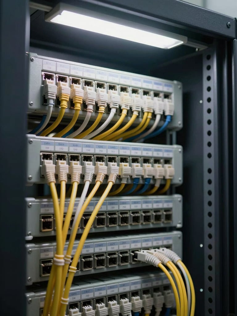 Close-up of structured network cable terminations inside a completed data room — organized cable runs, labeled patch panels, clean installation under fluorescent overhead light, no workers present
