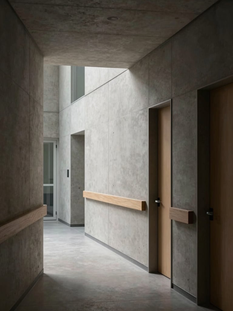 Architectural detail of a modern medical clinic corridor, clean minimalist lines, concrete textures, low-key side-lighting with deep shadows, no people.