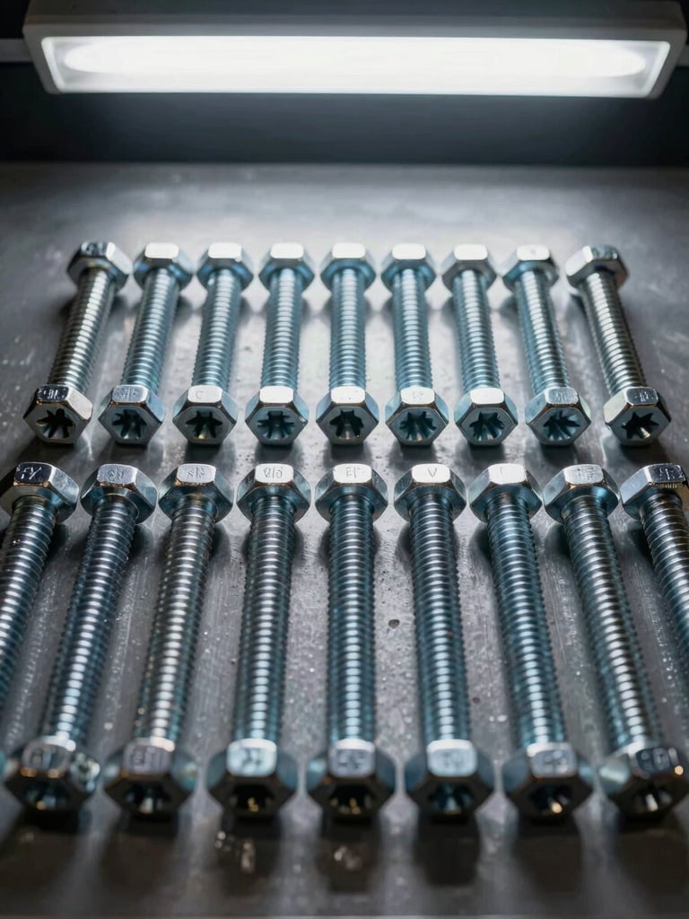 Extreme close-up overhead flat-lay of hex bolts, socket cap screws, and carriage bolts arranged in parallel rows sorted by grade and diameter on a grey steel surface, fluorescent warehouse ceiling light casting even shadows, macro detail showing thread pitch and head markings, no hands, no labels