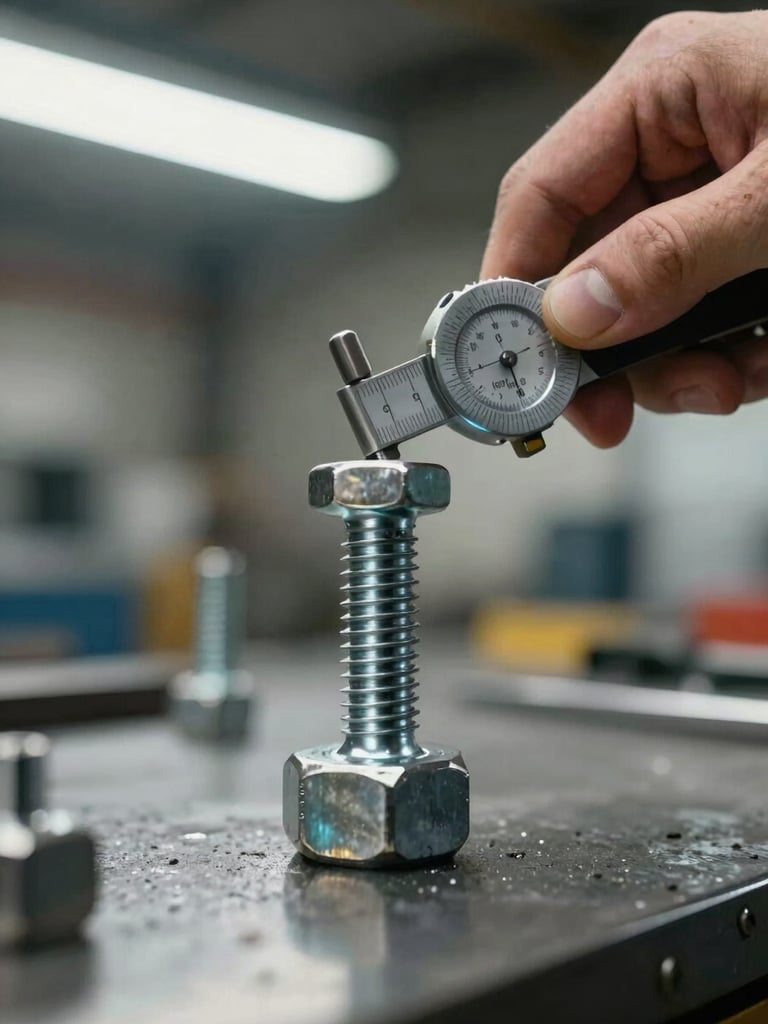 Close-up of a hand holding a stainless steel hex bolt against a metal part, measuring thread pitch with a gauge on a steel work surface, fluorescent warehouse light, no face visible, industrial context clear