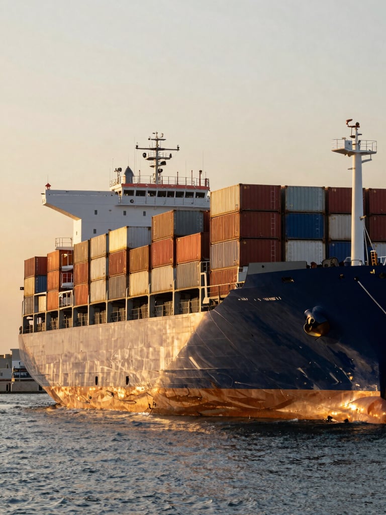 Wide environmental shot of a massive container ship docked at an Egyptian port during golden hour, rich saturated tones, sharp industrial detail