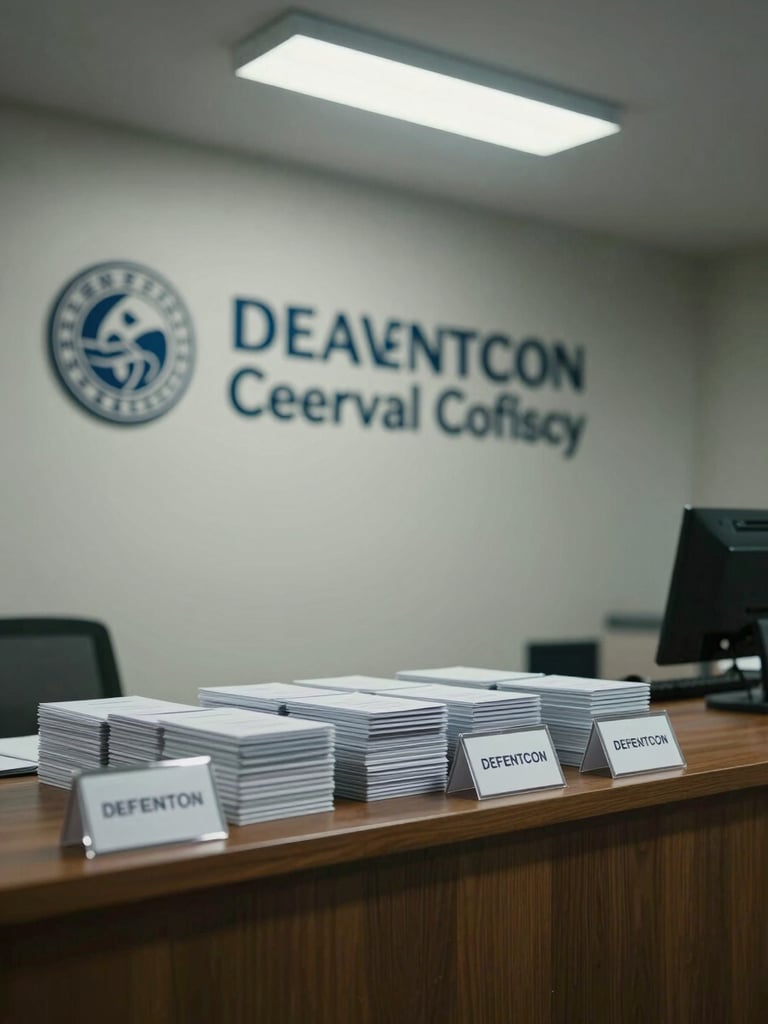 Even-lit environmental photograph of a conference registration desk from a medium distance, name badge holders stacked neatly, institutional signage behind, no people present, cool fluorescent overhead light