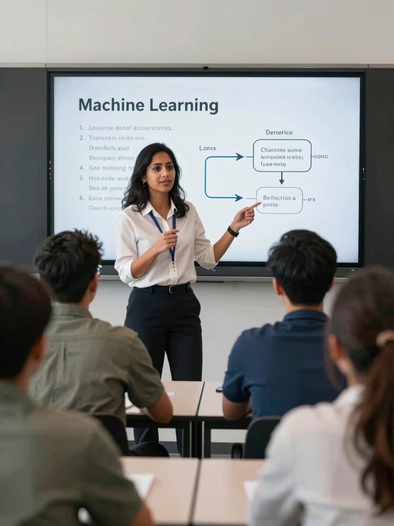 A portrait photo of a female instructor of South Asian descent explaining machine learning logic on a screen to a diverse group of young adults in a modern Stratford classroom.