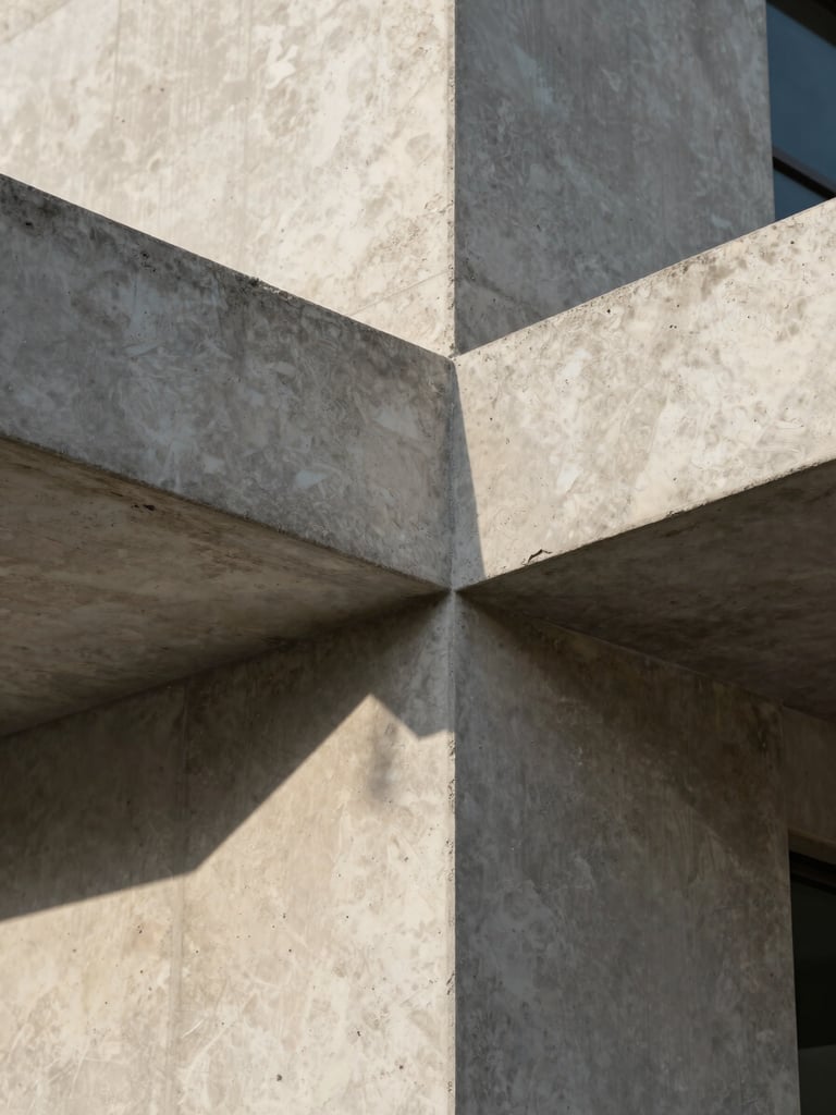 A close-up architectural detail of raw board-formed concrete intersecting with honed travertine under low-angle morning sunlight, showing texture and shadow.