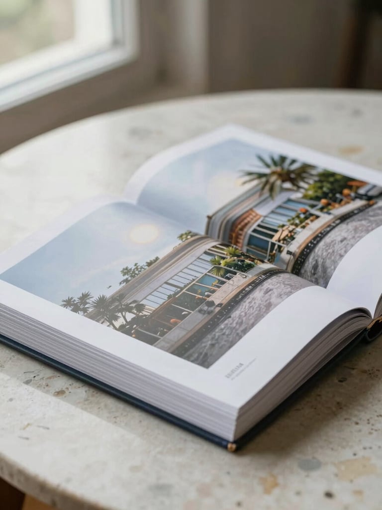 Close-up of a hand-bound architectural monograph resting on a travertine table, soft side-lighting from a window.