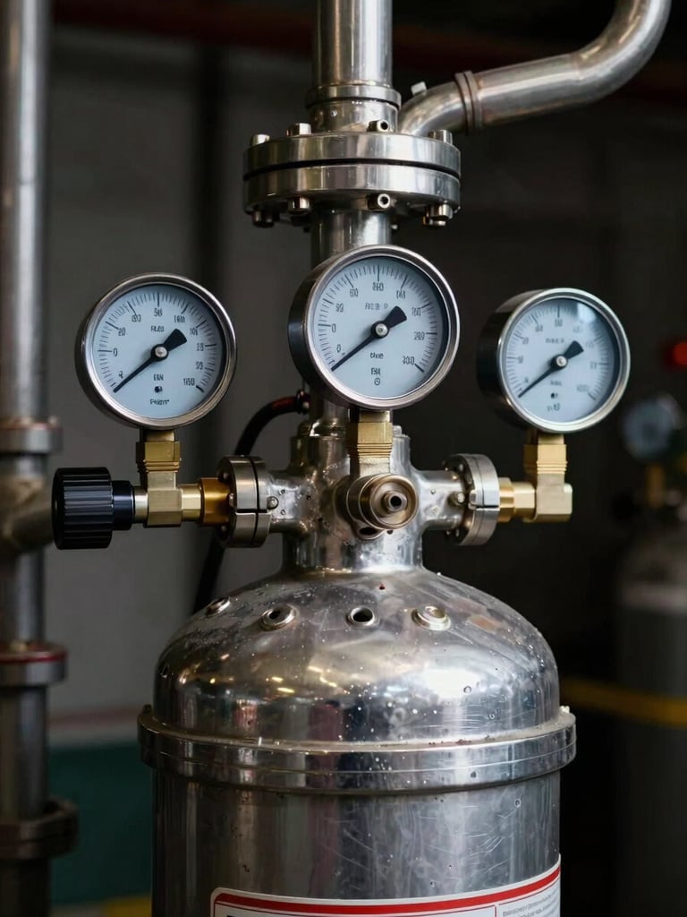 Close-up of a high-pressure clean agent fire suppression cylinder manifold, stainless steel piping, pressure gauges, dramatic high-contrast industrial lighting, dark background.