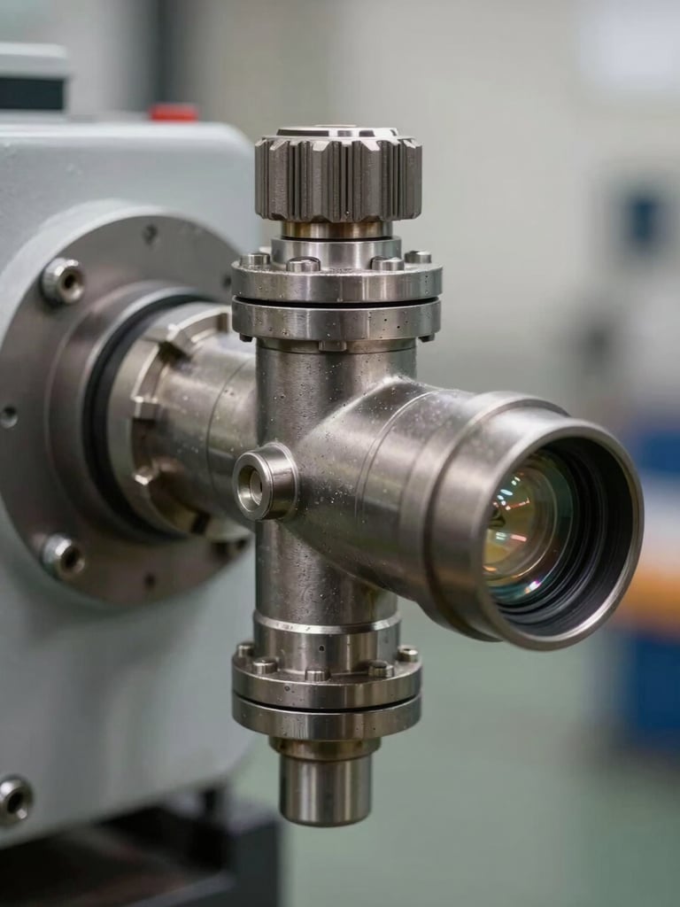 Macro shot of a specialized industrial fire suppression nozzle mounted on heavy machinery, technical details visible, steel texture, sharp focus, clinical lighting.