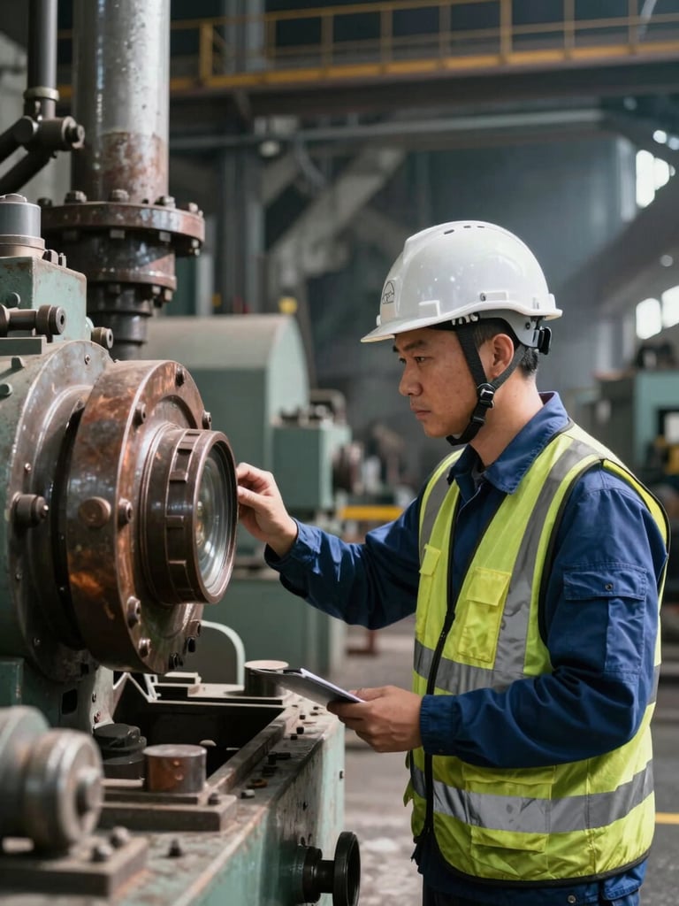 High-contrast portrait of an industrial engineer in a safety helmet inspecting heavy machinery in a large copper mine, bright daylight.