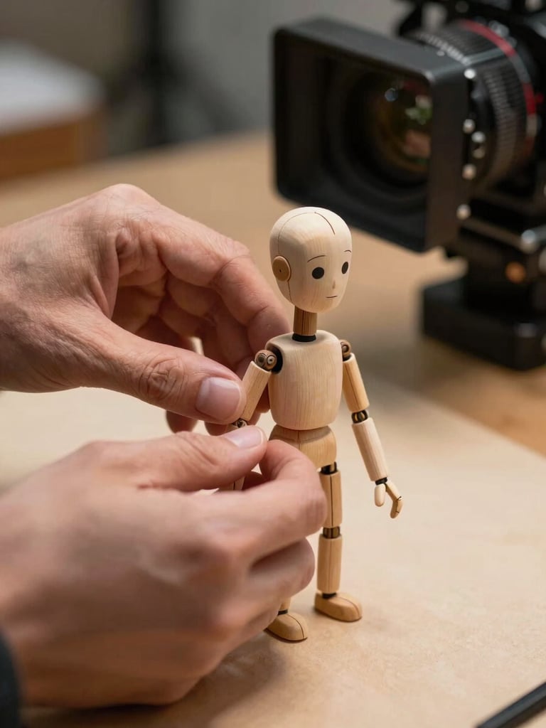Close-up of hands positioning a wire-armature puppet figure on a miniature set surface, fingers pressing gently on the puppet's shoulder joint, tungsten work-light warming the hands and the set from the right side, the animation camera's arm visible out-of-focus in the upper background, shallow depth-of-field