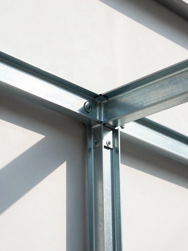 Close-up of steel frame structural joint connection, precision-fastened galvanized steel profiles under strong directional natural light from the left, sharp geometric shadow lines visible on white wall surface, overhead angle emphasizing clean tolerances and engineered assembly