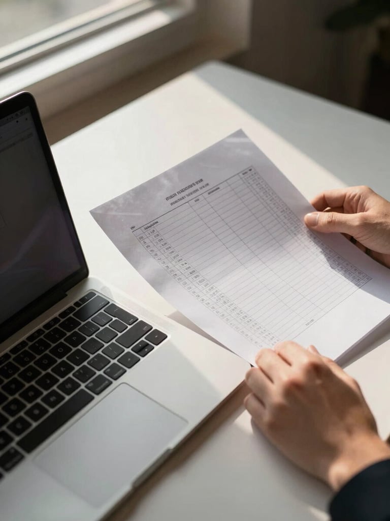 Close overhead view of a desk corner — a single open laptop beside a printed spreadsheet held by one hand, warm natural morning light from a side window, shallow depth of field, no face visible