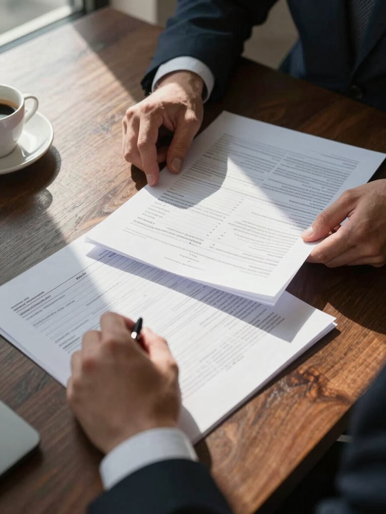 Close overhead view of a financial advisor's hands spreading printed spreadsheets across a dark walnut desk, natural morning window light raking across the paper surface, a single espresso cup at the far corner, no faces visible