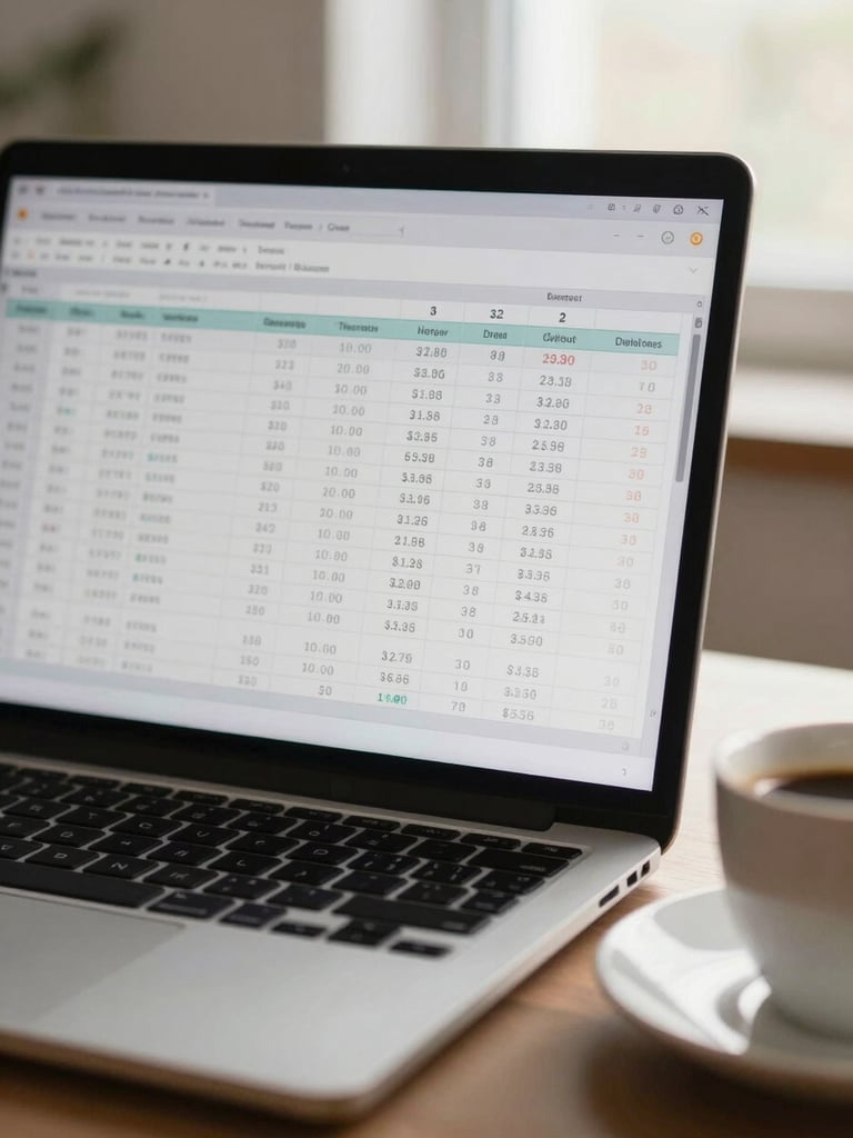 Tight close-up of a laptop screen displaying a spreadsheet with financial data, a coffee cup partially in frame at the lower right, soft afternoon window light illuminating the desk surface, quiet and uncluttered workspace