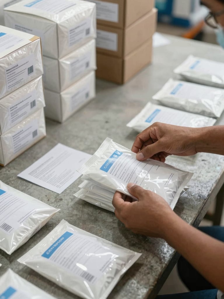 Close overhead shot of hands sorting and labelling medical supply packages on a concrete floor at a Cuban distribution site, natural overcast daylight, no faces visible, stacks of boxes receding into the background