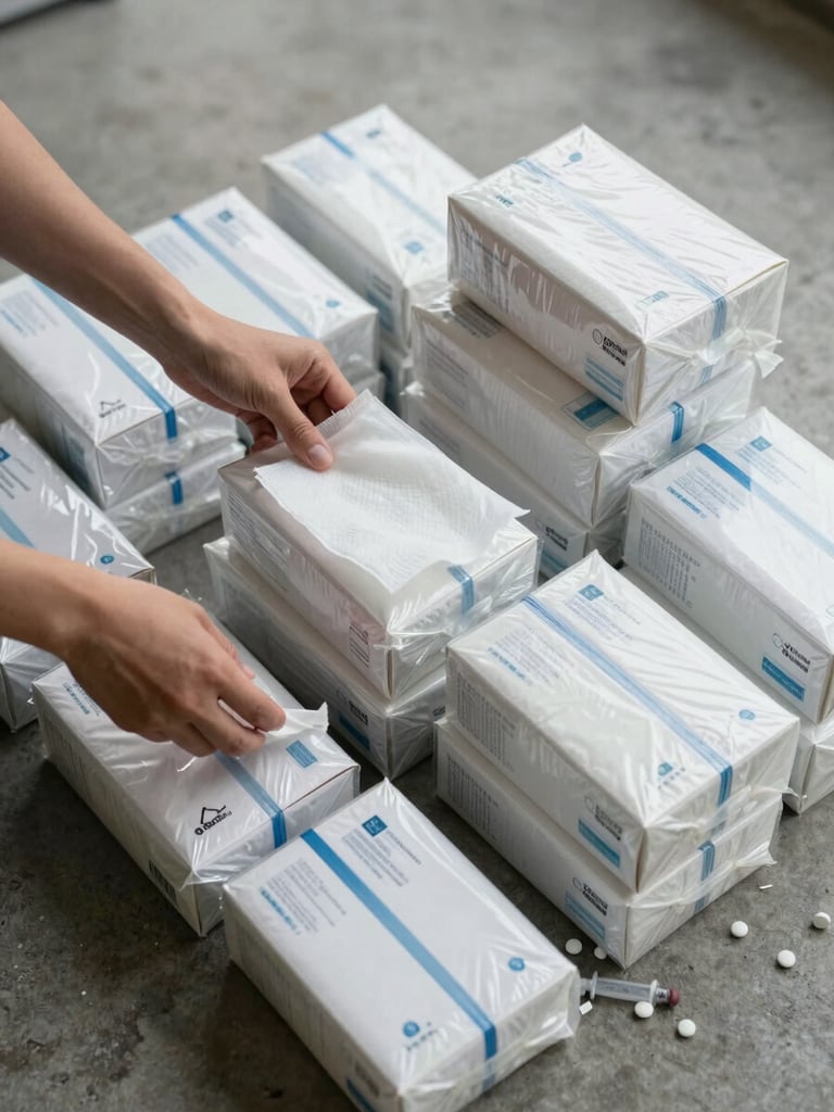 Close overhead shot on a concrete floor, hands sorting sealed medical supply boxes into labeled stacks — gauze, syringes, antibiotics — under flat overcast daylight, no shadows, the work filling the frame edge to edge
