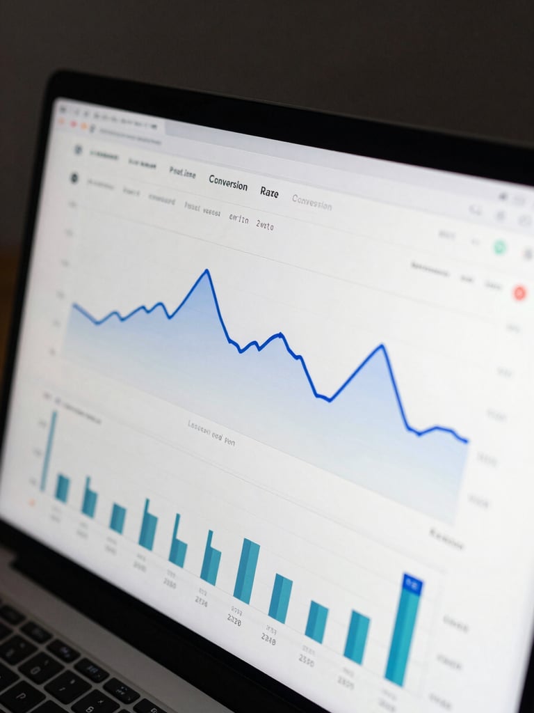 Close-up of a high-fidelity dark mode analytics dashboard showing real-time conversion rate metrics, clean blue line charts, and technical attribution graphs, sharp studio lighting, macro lens.