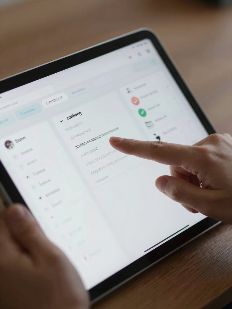 Macro shot of hands pointing at a clean digital workflow dashboard on a tablet, natural side lighting, professional executive setting.