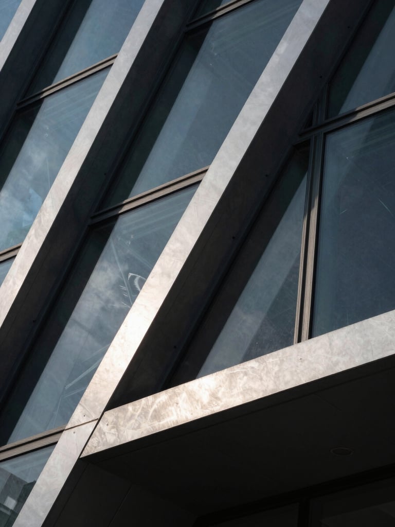 Macro shot of modern architectural steel and glass structure, sharp geometric lines, high-contrast dramatic studio lighting with deep shadows