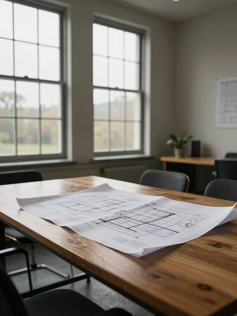 A quiet, natural-light meeting room in an old regional headquarters, soft overcast daylight through tall windows, deep realistic shadows, a solid oak table with architectural blueprints laid out flat.