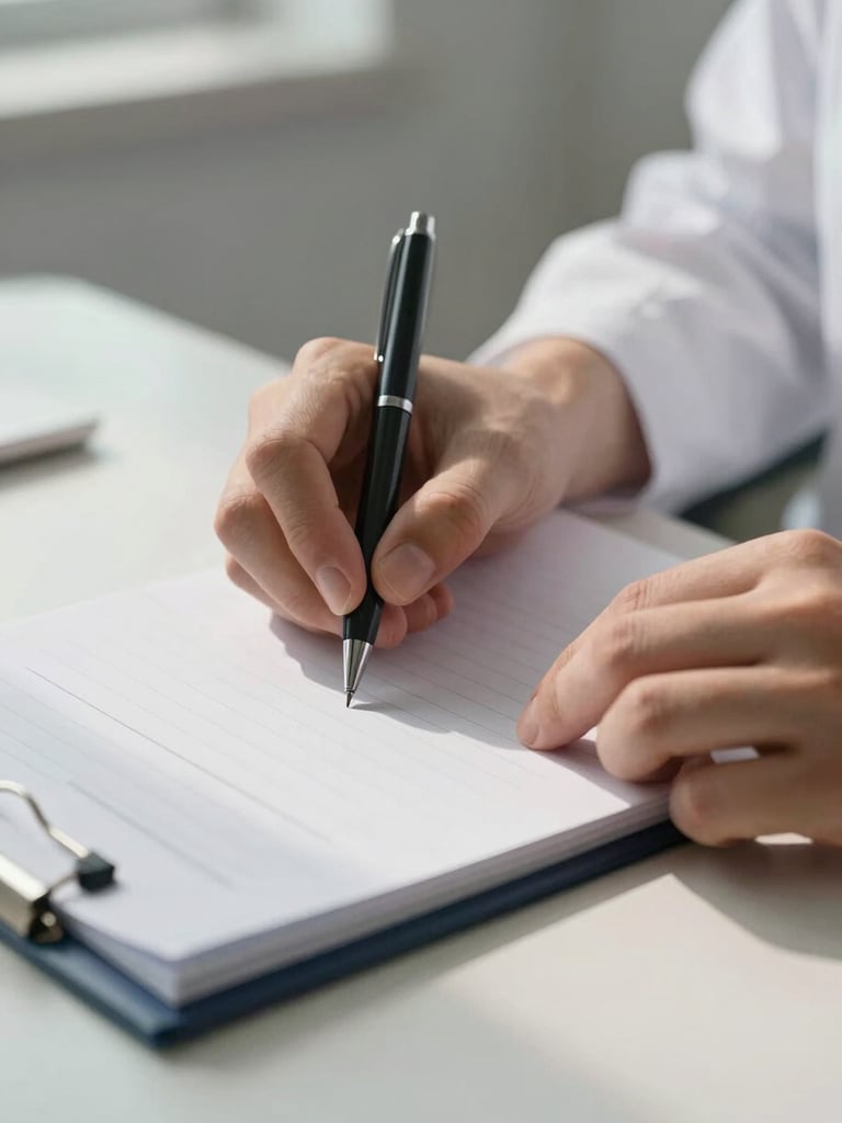 Close-up of a specialist's hands resting on an open medical notepad on a desk, a pen held lightly between fingers, soft north-facing daylight from the left, clinical minimal setting, tight crop showing only hands and the notepad surface, no faces, ink on paper visible but illegible