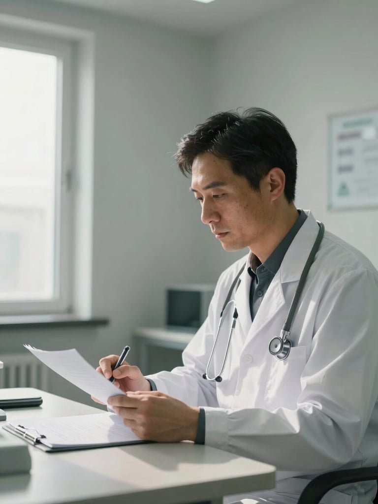 Close medium shot of a specialist physician in a minimal consultation room, seated at a desk, pen in hand reviewing notes — soft north-facing daylight through a tall window to the left, clinical overhead light supplementing. Face in three-quarter profile, concentrated expression, no eye contact with camera. Clean white coat, stethoscope at neck. No smile, no warmth staging.