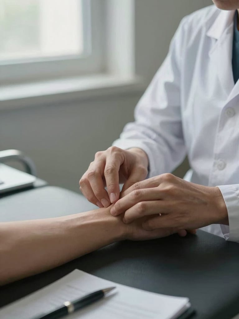 Close-up of a dermatologist's hands examining a patient's forearm on a clinical examination table, soft north-facing daylight through a narrow window, the doctor's pen resting on a white notepad in the lower corner, muted clinical setting with no visible faces