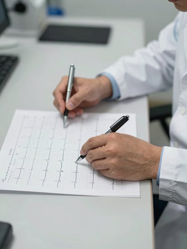 Close-up medium shot of a cardiologist seated at a desk, pen in hand, studying an ECG printout laid flat — overhead clinical lighting, hands and paper in sharp focus, white coat sleeve visible at the edge of the frame