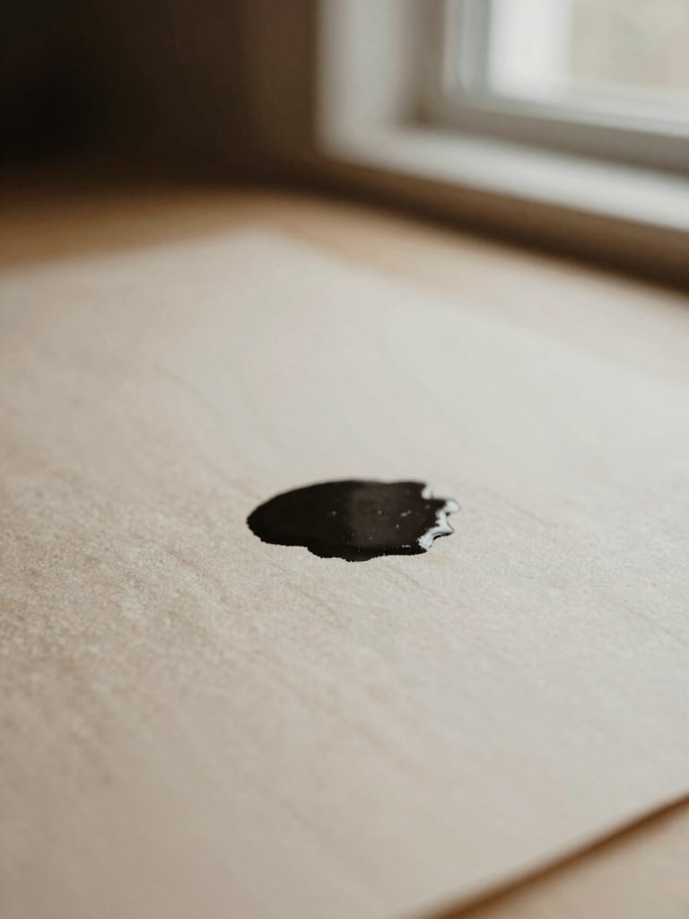 Close-up macro shot of ink drying on textured heavy parchment paper, natural diffused light, warm stone tones, shallow depth of field