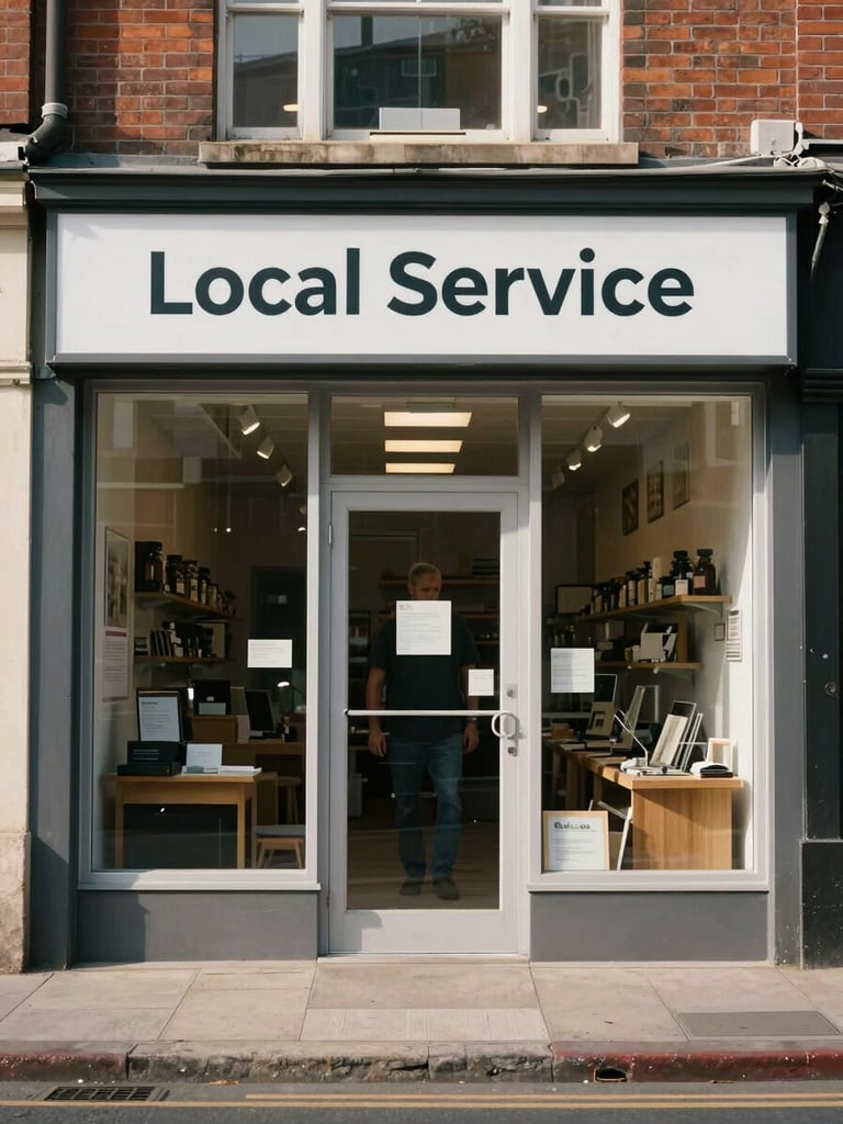Wide shot of a local service business storefront on a quiet street, natural daylight, owner visible through glass door, real signage in frame, documentary framing with no staging