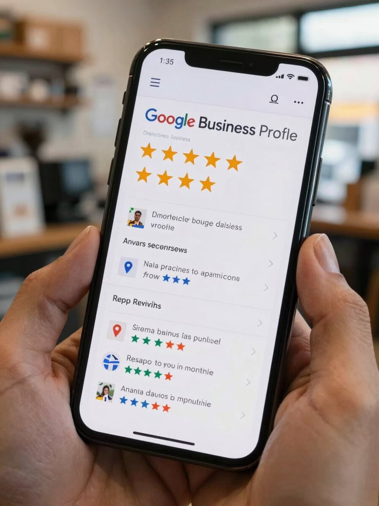 Phone screen showing a Google Business Profile page with star ratings, recent reviews, and map pin visible, held in hand inside a real small business environment, natural light