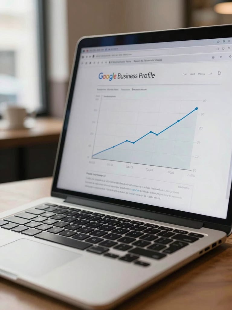 Close-up of a laptop screen showing a Google Business Profile dashboard with a rising impressions graph, natural window light from the left, coffee shop counter visible slightly out of focus in the background