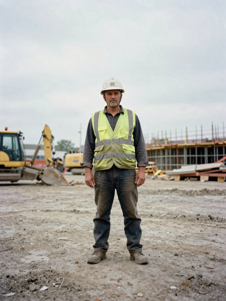 Portrait of a seasoned union heavy equipment operator wearing a hard hat and safety vest, standing on a construction site, overcast daylight, gritty desaturated tones, low-angle wide shot, 35mm film grain