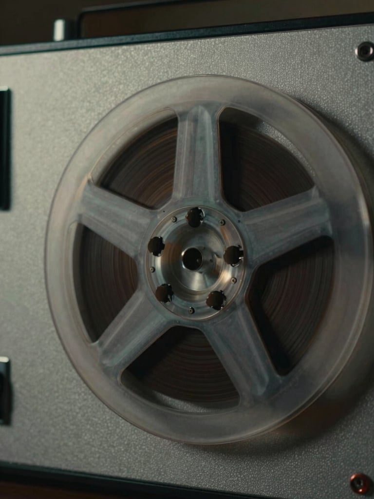 Moody close-up of an old analog tape recorder reel spinning, dramatic side lighting, rich shadows, cinematic look
