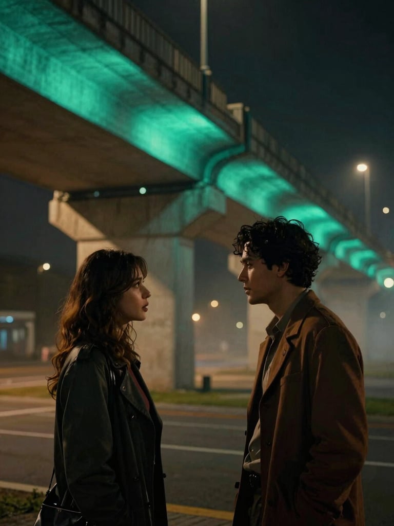 Cinematic film still from Margem Derivada, two characters talking under a neon-lit concrete viaduct at night, mist in the air, high contrast, dramatic cinematic lighting, rich colors.