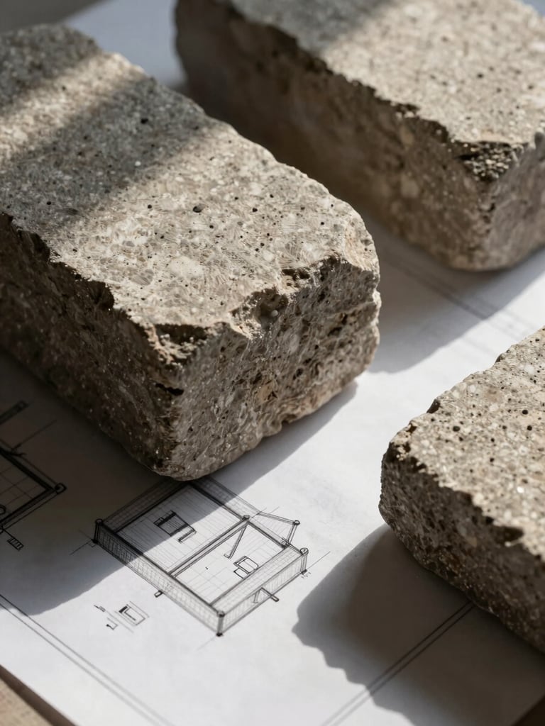 Close-up of tactile materials, rough-hewn stone blocks resting on crisp architectural blueprints, sharp directional morning light.