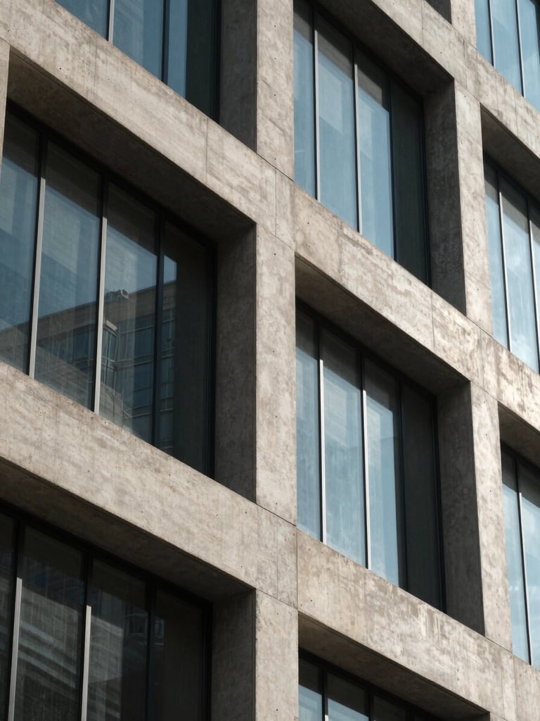 Close-up of architectural concrete and glass facade detail on a commercial building, natural north-facing daylight, geometric shadow lines, no people