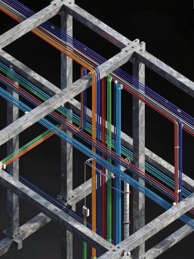 Isometric wireframe of a dense MEP routing system with multi-colored pipes intersecting structural steel beams, high-contrast CAD viewport styling on a dark background.