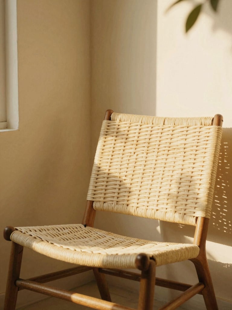 A quiet outdoor reading nook with a comfortable woven chair, warm golden-hour light filtering through leaves, editorial photography