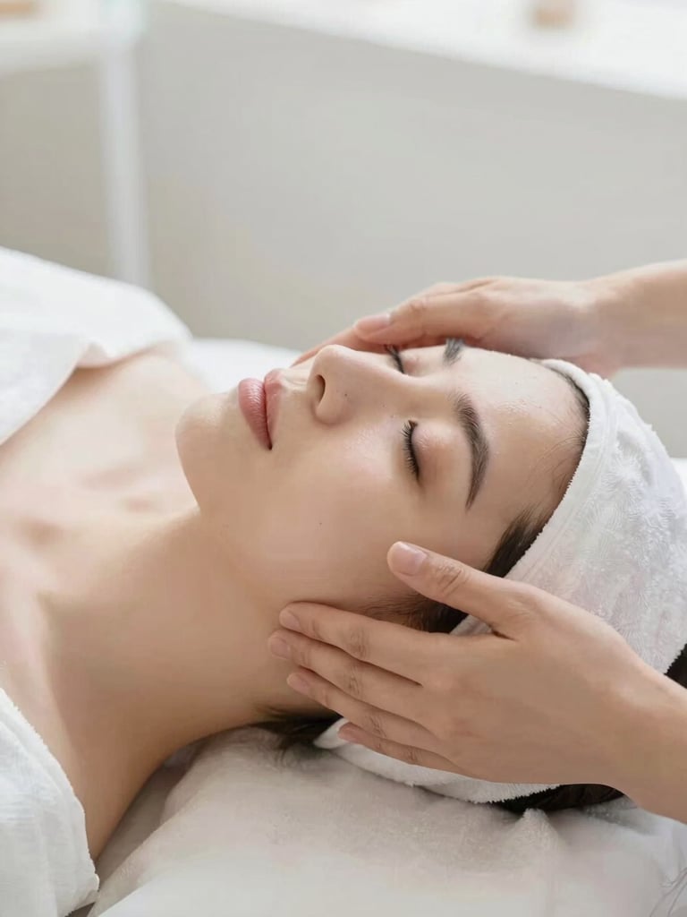 Close-up of a gentle hands-on facial treatment in soft, diffused natural daylight, clean white and pastel tones, shallow depth of field, professional aesthetician