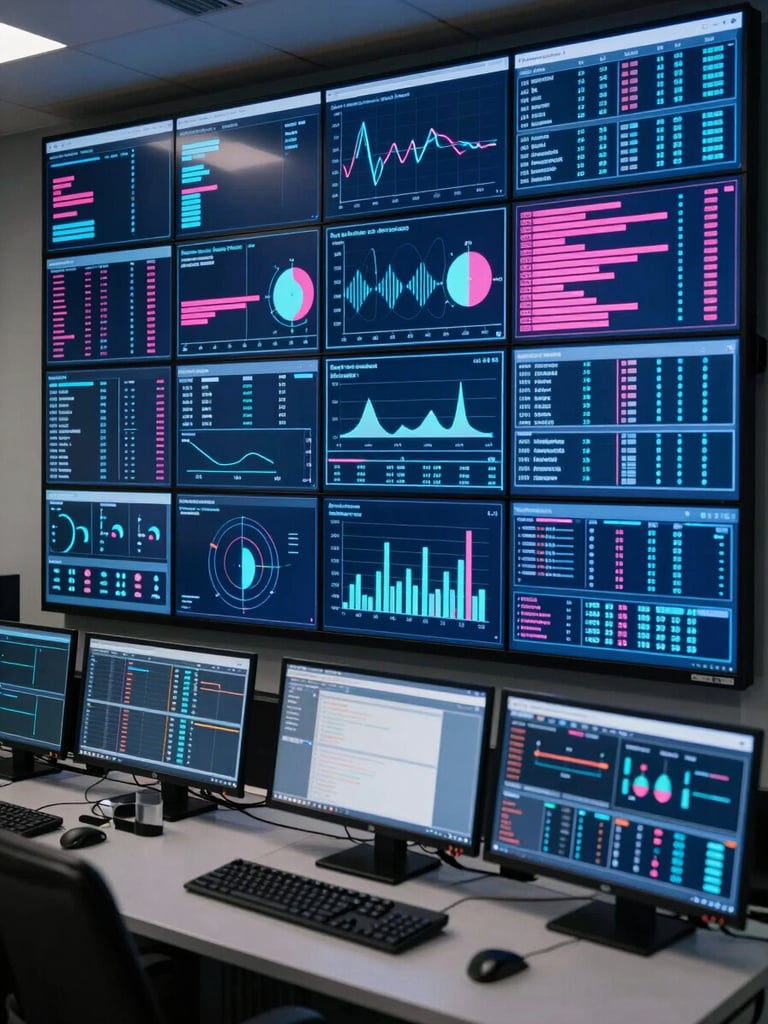 Wide shot of an enterprise operations control center, multiple large monitors displaying live data dashboards and analytics graphs, blue and pink neon UI elements glowing on dark screens, no people in frame, cool technical studio lighting, tight crop on the screen array, precise and operational atmosphere