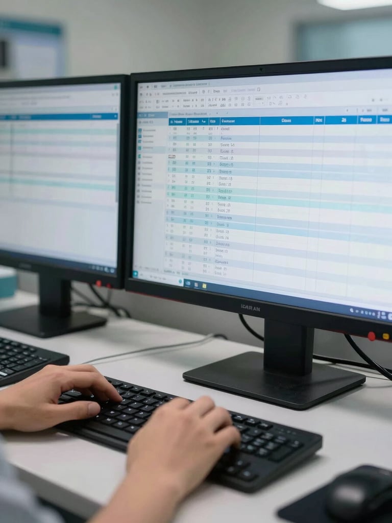 Close-up of a healthcare operations workstation, multiple screens showing patient workflow queues and clinical reporting dashboards, cool blue-white monitor glow, hands on keyboard mid-entry, clinical environment, tight framing on screen data, naturalistic interior lighting