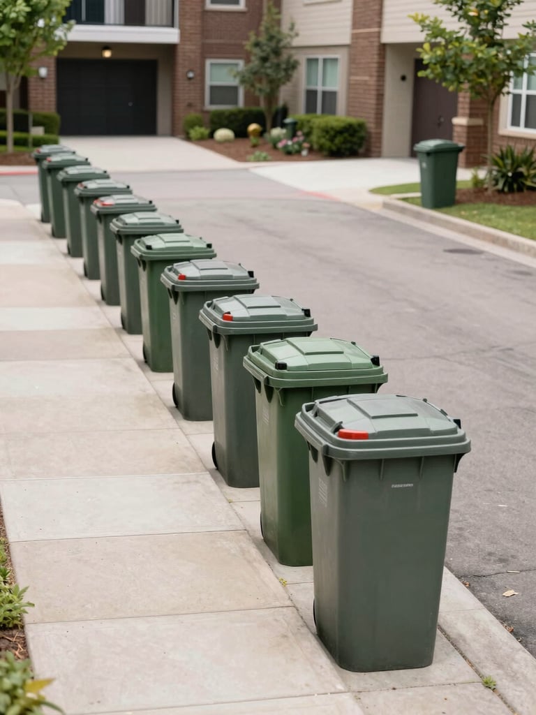 Wide environmental shot looking down a tidy apartment-complex driveway at midday, neatly staged trash bins lined along a clean curb, no residents in frame, natural bright daylight, organized and orderly staging area, property entry visible in the background