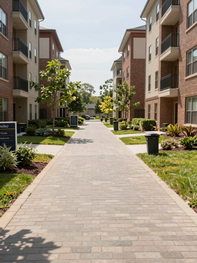 Wide environmental shot of a clean apartment community courtyard after a cleanup, empty paved walkways and tidy landscaping under midday sunlight, no litter or bins visible, property entry signage partially visible at left edge