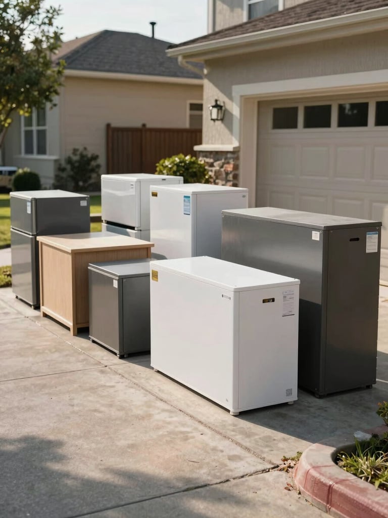 Wide shot of a residential property driveway staging area, several large bulk items — furniture, boxed appliances — neatly arranged near a curb under natural morning daylight, no people, clean pavement surroundings